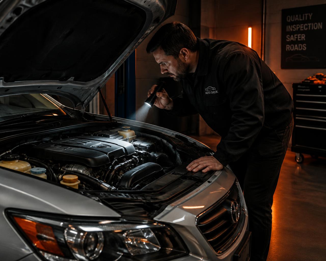 Profissional inspecionando o motor de um carro (imagem ilustrativa)